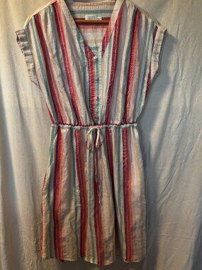 Time and Tru Red, Teal and Pink Striped Button Decorative front Midi Dress